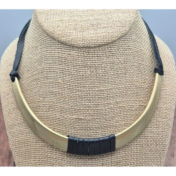 Brushed Gold Tone & Black Faux Leather Structured Collar Choker Necklace 18" - Picture 5 of 9